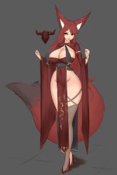 1girl animal_ear_fluff animal_ears areola_slip breasts center_opening cleavage demon_horns dress fluffy fox_ears fox_girl fox_tail highres horns kitsune krass large_breasts long_hair long_sleeves mole mole_under_eye original pelvic_curtain red_dress red_eyes red_hair revealing_clothes simple_background solo tail thick_thighs thigh_strap thighs wristband