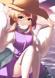 Rule 34 | 1girl, absurdres, blonde hair, blush, breasts, closed mouth, cloud, commentary request, convenient leg, dot nose, expressionless, feet out of frame, grabbing, hair between eyes, hands up, hat, highres, knees together feet apart, knees up, long hair, long sleeves, looking at viewer, moriya suwako, saniraku, sidelocks, sitting, sky, small breasts, solo, thighhighs, touhou, turtleneck, twilight, white thighhighs, wide sleeves, yellow eyes