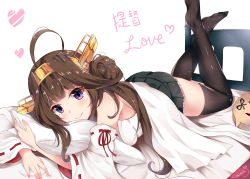 Rule 34 | 10s, 1girl, ahoge, bare shoulders, bed, black thighhighs, boots, brown hair, detached sleeves, double bun, hair bun, hairband, highres, japanese clothes, kantai collection, kongou (kancolle), long hair, looking at viewer, lying, nahaki, nontraditional miko, on stomach, pillow, purple eyes, remodel (kantai collection), ribbon-trimmed sleeves, ribbon trim, sin-poi, solo, the yuudachi-like creature, thigh boots, thighhighs