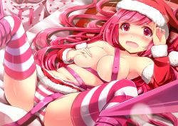 Rule 34 | 1girl, akine (kuroyuri), bdsm, bed sheet, blush, bondage, bound, breast hold, breasts, covered erect nipples, detached sleeves, fur trim, hat, large breasts, long hair, lying, navel, on back, open mouth, panties, pink eyes, pink hair, rasis, ribbon, ribbon bondage, santa hat, solo, sound voltex, sound voltex ii infinite infection, sound voltex iii gravity wars, spread legs, striped clothes, striped panties, striped thighhighs, thighhighs, topless, underwear