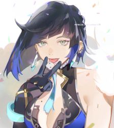 Rule 34 | 1girl, :p, bare shoulders, black gloves, blue hair, blunt bangs, breasts, cleavage, dice, fur trim, genshin impact, gloves, green eyes, half-closed eyes, highres, lanhacy, large breasts, looking at viewer, mole, mole on breast, short hair, solo, tongue, tongue out, watermark, yelan (genshin impact)
