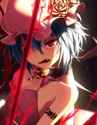 Rule 34 | 1girl, alternate costume, bare shoulders, blue hair, breasts, brooch, commentary request, cropped, detached collar, dress, fangs, flower, greenkohgen, hair between eyes, hat, hat flower, highres, jewelry, looking at viewer, medium hair, mob cap, one eye covered, open mouth, pink dress, pink hat, red eyes, red flower, red rose, remilia scarlet, rose, slit pupils, small breasts, solo, spear the gungnir, touhou, upper body, wings