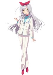 Rule 34 | 1girl, :d, allipaca, blue shirt, choker, collared shirt, formal, full body, grey hair, hair ornament, hairband, hand up, indie virtual youtuber, jacket, long hair, looking at viewer, mamyouda, open mouth, pant suit, pants, red choker, red footwear, red hairband, shirt, simple background, smile, solo, standing, suit, virtual youtuber, white background, white jacket, white pants, yellow eyes