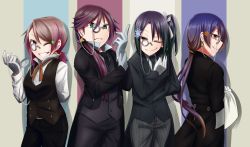 Rule 34 | 4girls, adjusting clothes, adjusting gloves, artist request, blue eyes, blue hair, closed mouth, cowboy shot, earrings, formal, gloves, green eyes, grey hair, hair between eyes, hair ornament, hairclip, highres, in-franchise crossover, jewelry, kazuno sarah, long hair, love live!, love live! school idol project, love live! sunshine!!, mole, mole under eye, monocle, multiple girls, necktie, one eye closed, one side up, open mouth, pocket watch, ponytail, purple eyes, purple hair, short hair, smile, sonoda umi, striped, striped background, suit, todo erena, watanabe you, watch, yellow eyes