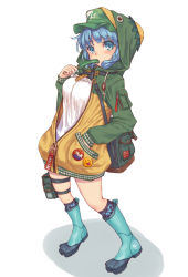 Rule 34 | 1girl, alternate costume, arched back, badge, bag, blue eyes, blue footwear, blue hair, blunt bangs, boots, breasts, button badge, character name, commentary request, cucumber, drawstring, dress, eating, emoji, full body, green hat, green neckwear, hand in pocket, hat, holding, hood, hooded jacket, jacket, kappa, kawashiro nitori, key, long sleeves, looking at viewer, medium breasts, mumulatte, nail polish, pocket, pouch, rubber boots, shoulder bag, simple background, solo, standing, thigh strap, touhou, white background, white dress