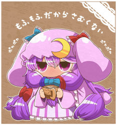 Rule 34 | 1girl, alternate hairstyle, bad id, bad pixiv id, bow, chibi, crescent, cup, hair bow, hair ornament, hair ribbon, hat, holding, kakuzatou (koruneriusu), long hair, looking at viewer, mob cap, patchouli knowledge, purple eyes, purple hair, ribbon, solo, teacup, touhou, translation request