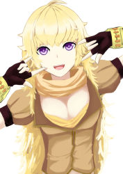 Rule 34 | 1girl, blonde hair, breasts, cleavage, female focus, fingerless gloves, gloves, large breasts, long hair, purple eyes, rwby, simple background, smile, solo, uezy, white background, yang xiao long