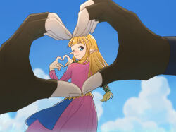 Rule 34 | 1boy, 1girl, black gloves, blonde hair, blue eyes, blue ribbon, blue sky, blue tabard, blush, closed mouth, cloud, commentary, couple, day, dress, eyelashes, fingerless gloves, fingernails, from behind, gloves, hair ribbon, heart, heart hands, hetero, highres, link, long dress, long hair, long sleeves, looking back, low-tied long hair, maya (mayamayammy), nintendo, nose blush, one eye closed, outdoors, pink dress, pointy ears, pov, princess zelda, ribbon, sky, smile, solo focus, symbol-only commentary, tabard, the legend of zelda, the legend of zelda: skyward sword