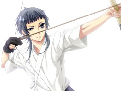 Rule 34 | 1boy, archery, arrow (projectile), black hair, bow (weapon), closed mouth, drawing bow, expressionless, game cg, holding, holding bow (weapon), holding weapon, kinose azusa, looking at viewer, male focus, short hair, simple background, solo, starry sky (game), weapon, white background