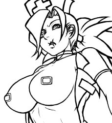 Rule 34 | 1girl, bandaid, bandaids on nipples, breasts, choker, eyepatch, greyscale, hat, highres, large breasts, lineart, looking at viewer, monochrome, nurse cap, parted lips, pasties, ponytail, sansenyama, scar, scar on face, skullgirls, solo, upper body, valentine (skullgirls)