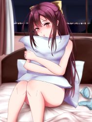Rule 34 | 10s, 1girl, bed, bow, bra, unworn bra, convenient leg, detached sleeves, hair bow, highres, kamikaze (kancolle), kantai collection, long hair, looking at viewer, nude, nuka (nvkka), hugging object, panties, unworn panties, parted bangs, parted lips, pillow, pillow hug, purple hair, ribbon, sitting, solo, underwear, window, yellow ribbon