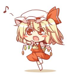 Rule 34 | 1girl, :d, ascot, blonde hair, blush stickers, chibi, fang, female focus, flandre scarlet, hat, hat ribbon, kousa (black tea), musical note, open mouth, outstretched arms, red eyes, ribbon, shirt, side ponytail, simple background, skirt, skirt set, smile, solo, spread arms, standing, standing on one leg, touhou, wings