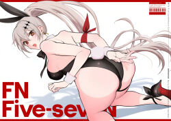 Rule 34 | 1girl, alternate costume, arm behind back, armband, ass, banana earrings, barcode, black leotard, breasts, brown eyes, character name, commentary, detached collar, earrings, english commentary, english text, fake tail, five-seven (girls&#039; frontline), food themed earrings, girls&#039; frontline, grey hair, hair ornament, high heels, jewelry, kneeling, leotard, long hair, looking at viewer, open mouth, playboy bunny, ponytail, rabbit tail, red armband, shoes, shoukaki (earthean), solo, tail, wrist cuffs