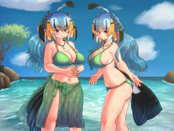 Rule 34 | 2girls, antenna hair, ass, bare shoulders, bikini, bird girl, bird tail, blue hair, blue sky, breasts, brown eyes, character request, cleavage, cloud, cloudy sky, day, green bikini, green hair, head wings, highres, jewelry, kemono friends, kemono friends 3, large breasts, mo23, multicolored hair, multiple girls, navel, necklace, ocean, orange hair, outdoors, own hands together, sky, smile, swimsuit, tail, thighs, tree, water, wet, wings