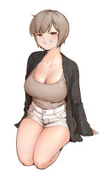 Rule 34 | 1girl, absurdres, arm support, bare shoulders, black shirt, breasts, brown eyes, brown hair, cafe92, cleavage, collarbone, grey tank top, grin, highres, kneeling, korean commentary, large breasts, looking at viewer, open clothes, open shirt, original, seiza, shirt, short hair, short shorts, shorts, simple background, sitting, smile, solo, tank top, white background, white shorts