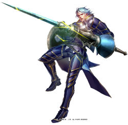 Rule 34 | 1boy, armor, blue hair, boots, coat, full body, glasses, glint, greaves, holding, holding weapon, lance, liduke, looking at viewer, male focus, monster hunter (series), official art, pants, pauldrons, plate, polearm, red eyes, shield, shoulder armor, simple background, solo, standing, standing on one leg, watermark, weapon, white background