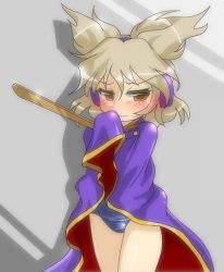 Rule 34 | blush, brown eyes, brown hair, cape, covering privates, covering breasts, embarrassed, school swimsuit, simple background, solo, striped, striped background, swimsuit, touhou, toyosatomimi no miko, winn