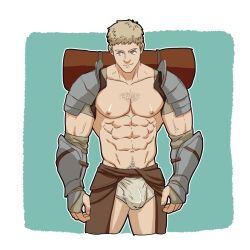 Rule 34 | 1boy, abs, alternate body hair, alternate muscle size, bara, blonde hair, bulge, covered penis, cropped legs, dungeon meshi, laios touden, large pectorals, male focus, muscular, muscular male, navel, navel hair, nipples, pectorals, peisuky art, short hair, sideways glance, smile, sparse chest hair, standing, stomach, topless male