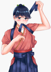 Rule 34 | 1girl, arm up, black eyes, black hair, blue ribbon, blush, commentary request, hakama, hakase yurisuki, hand up, highres, houshou (kancolle), japanese clothes, kantai collection, long hair, looking at viewer, mouth hold, ponytail, ribbon, simple background, solo, upper body, white background