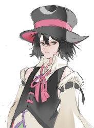 Rule 34 | 1other, androgynous, arm belt, bare shoulders, belt, black belt, black coat, black hair, black hat, bow, bowtie, closed mouth, coat, collared shirt, commentary request, detached sleeves, enraku tsubakura, eye of senri, eye on hat, frown, green skirt, grey eyes, hat, high collar, highres, len&#039;en, long sleeves, looking at viewer, other focus, red bow, red bowtie, red hat, shirt, short hair, skirt, sleeveless, sleeveless coat, sleeveless shirt, solo, top hat, two-sided fabric, two-sided headwear, upper body, white background, white shirt, yoni.