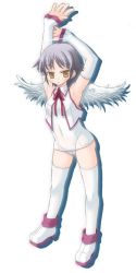 Rule 34 | 00s, amamiya minato, arm warmers, boots, elbow gloves, gloves, nagato yuki, no pants, one-piece swimsuit, school swimsuit, solo, suzumiya haruhi no yuuutsu, swimsuit, swimsuit under clothes, thighhighs, vest, white school swimsuit, white one-piece swimsuit, wings
