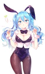 Rule 34 | 1girl, animal ears, aqua eyes, aqua hair, arms up, blush, bow, bowtie, breasts, carrot, cleavage, collar, covered navel, cowboy shot, fake animal ears, fishnet pantyhose, fishnets, hair between eyes, hatsune miku, highres, leotard, long hair, looking at viewer, medium breasts, open mouth, pantyhose, playboy bunny, rabbit ears, rabbit girl, sidelocks, solo, timins, twintails, vocaloid, white background, wrist cuffs