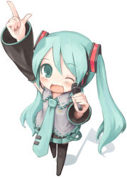 Rule 34 | 1girl, 7010, aqua hair, blush, chibi, gesture, hatsune miku, long hair, lowres, microphone, one eye closed, simple background, solo, thighhighs, twintails, very long hair, vocaloid, white background, wink