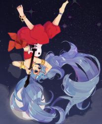 Rule 34 | 1girl, alternate costume, anklet, armlet, barefoot, blue eyes, blue hair, bracelet, capri pants, circlet, cloud, cuffs, feet, guitar, hair ornament, harem outfit, harem pants, hatsune miku, instrument, jewelry, long hair, midriff, moon, necklace, pants, spread toes, star (symbol), strapless, toes, tube top, upside-down, very long hair, vocaloid
