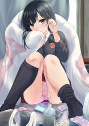 Rule 34 | 10s, 1girl, bag, black hair, black socks, blanket, blush, bottle, can, cellphone, condom, condom packet strip, condom wrapper, covering own mouth, cum, cum on body, cum on lower body, flip phone, green eyes, hair over shoulder, highres, kneehighs, knees together feet apart, knees up, long hair, long legs, long sleeves, looking at viewer, no shoes, panties, pantyshot, phone, pink panties, plastic bag, red skirt, shirobako, sitting, skirt, socks, solo, sweater, tsuzuri (itosousou), twintails, underwear, used condom, used tissue, wing collar, yasuhara ema