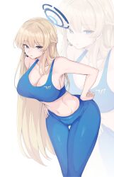 Rule 34 | 1girl, absurdres, alternate costume, blonde hair, blue archive, blue leggings, blue sports bra, braid, breasts, cleavage, commentary, earrings, feet out of frame, halo, headset, highres, jewelry, large breasts, leaning forward, leggings, long hair, looking at viewer, navel, simple background, sports bra, stomach, stud earrings, thigh gap, toki (blue archive), vanko (vank0a), very long hair, white background, zoom layer