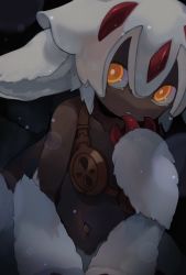 Rule 34 | 1girl, black skin, claws, colored skin, dot nose, extra arms, faputa, female focus, highres, hono (honokirby 18), looking at viewer, made in abyss, monster girl, navel, parted lips, sharp teeth, solo, teeth, white hair, yellow eyes
