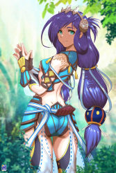 Rule 34 | 1girl, absurdres, ass, bare shoulders, blue eyes, blue hair, blush, breasts, dana (ys), from behind, hair ornament, hair ribbon, highres, long hair, looking at viewer, looking back, ribbon, shiny clothes, shiny skin, short shorts, shorts, sideboob, smile, solo, sww13, thighhighs, very long hair, ys, ys viii lacrimosa of dana