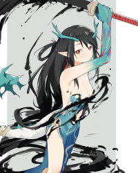 Rule 34 | arknights, arm tattoo, arm up, black hair, breasts, bright pupils, cleavage, coldcat., colored skin, cowboy shot, dragon girl, dragon horns, dragon tail, dress, dusk (arknights), earrings, flame-tipped tail, green dress, green skin, grey background, highres, holding, holding sword, holding weapon, horns, ink, jewelry, long hair, looking at viewer, medium breasts, multicolored hair, pointy ears, red eyes, simple background, single hair ring, streaked hair, sword, tail, tassel, tassel earrings, tattoo, torn clothes, torn dress, very long hair, weapon, white pupils