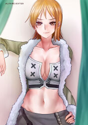 Rule 34 | 1girl, absurdres, alfarejected, breasts, grin, highres, large breasts, nami (one piece), nami (one piece) (loguetown), nami (one piece) (pre-timeskip), navel, one piece, orange hair, short hair, smile, smirk, solo, tagme