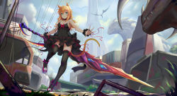 Rule 34 | 1girl, animal ears, anklet, bare shoulders, blonde hair, bracelet, building, choker, cloud, day, dragon, flying, from below, green eyes, highres, horns, jewelry, long hair, md5 mismatch, original, resolution mismatch, scrunchie, sky, sonikey0 0, source larger, sword, tail, thighhighs, tower, walking, weapon