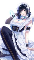 Rule 34 | 1girl, :q, absurdres, alternate costume, apron, bead choker, black hair, black thighhighs, blue eyes, bob cut, breasts, diagonal bangs, dress, elbow gloves, enmaided, fishnets, frilled apron, frilled dress, frills, genshin impact, gloves, tucking hair, highres, itsumono katze, large breasts, lips, looking at viewer, maid, maid apron, maid headdress, neck tassel, short hair, simple background, single elbow glove, sitting, smile, solo, tassel choker, thighhighs, tongue, tongue out, twitter username, white apron, white background, wrist cuffs, yelan (genshin impact)