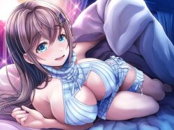 Rule 34 | 1girl, bare arms, bedroom, blanket, blue eyes, blue sweater, breasts, brown hair, cat hair ornament, cleavage, cleavage cutout, clothing cutout, crossed bangs, hair between eyes, hair ornament, highres, indoors, large breasts, long hair, looking at viewer, lying, night, on bed, on side, oomune tayuyu, open mouth, sidelocks, sleeveless, sleeveless turtleneck, smile, solo, sparkle, sweater, tama project, turtleneck, turtleneck sweater, upper body, v-mag, virtual youtuber