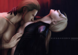 Rule 34 | albert wesker, blonde hair, breasts, capcom, head tilt, jacket, jill valentine, kiss, madbedlam, moaning, open clothes, open jacket, ponytail, resident evil, resident evil 5, topless male, wounds