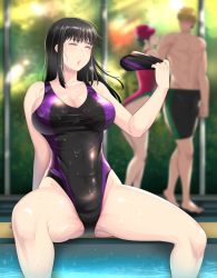 Rule 34 | 1boy, 2girls, bad id, bad pixiv id, black hair, black headwear, black one-piece swimsuit, blurry, breasts, unworn clothes, commentary request, competition swimsuit, cowboy shot, depth of field, closed eyes, korean commentary, large breasts, long hair, mixed-language commentary, multiple girls, one-piece swimsuit, original, sitting, solo focus, unworn swim cap, swimsuit, zardyui