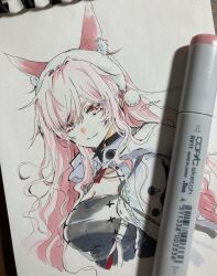 Rule 34 | 1girl, animal ears, arknights, art tools in frame, black shirt, breasts, citron80citron, cleavage, cropped torso, extra ears, hair between eyes, highres, jacket, large breasts, long hair, marker (medium), official alternate costume, photo (medium), pink eyes, pink hair, pom pom (clothes), pozyomka (arknights), pozyomka (snowy plains in words) (arknights), shirt, signature, smile, solo, split mouth, traditional media, upper body, white jacket, wolf ears, wolf girl