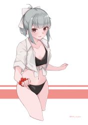 Rule 34 | 1girl, absurdres, bikini, black bikini, collarbone, commentary request, cowboy shot, cropped legs, flat chest, grey hair, highres, kantai collection, looking at viewer, ponytail, red scrunchie, scrunchie, shirt, short hair, sidelocks, solo, swimsuit, tied shirt, two-tone background, uut, white background, white shirt, wrist scrunchie, yuubari (kancolle), yuubari kai ni (kancolle)