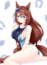 Rule 34 | 1girl, alternate costume, animal ears, ass, blue bow, blue eyes, blue one-piece swimsuit, bow, braid, braided ponytail, breasts, brown hair, carrot print, closed mouth, commentary request, competition swimsuit, ear bow, food print, gurukorian, horse ears, horse girl, horse tail, horseshoe print, large breasts, long hair, looking at viewer, low ponytail, multicolored hair, one-piece swimsuit, print background, sideboob, simple background, smile, solo, streaked hair, super creek (umamusume), swimsuit, tail, umamusume, very long hair, white background, white hair