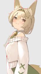 Rule 34 | 1girl, arknights, beanstalk (arknights), beanstalk (gift uncompleted) (arknights), blush, brown eyes, brown hair, closed mouth, hair intakes, hairband, hyena ears, hyena girl, hyena tail, off shoulder, official alternate costume, skeptycally, smile, solo