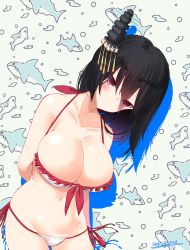 Rule 34 | 1girl, absurdres, arms behind back, artist name, bare shoulders, bikini, black hair, breasts, cleavage, cowboy shot, hair ornament, highres, kantai collection, large breasts, looking at viewer, momimaki, navel, official alternate costume, red eyes, shark, short hair, solo, swimsuit, white bikini, yamashiro (kancolle)