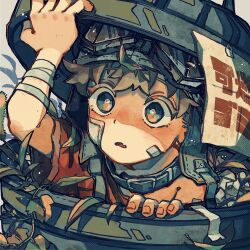 Rule 34 | 1boy, bandaid, brown hair, child, collar, commentary request, goggles, goggles on head, hard hat, hata kiwi, helmet, hiding, highres, male focus, off shoulder, open mouth, original, peeking, peeking out, short hair, short sleeves, solo, trash, trash can