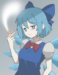 Rule 34 | 1girl, bags under eyes, black cat03, blue bow, blue dress, blue eyes, blue hair, bow, breasts, cigarette, cirno, commentary, dress, frown, grey background, hair bow, highres, holding, holding cigarette, ice, ice wings, medium breasts, pale skin, puffy short sleeves, puffy sleeves, short sleeves, smoke, solo, touhou, upper body, wings