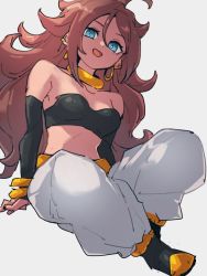 Rule 34 | 1girl, :d, android 21, blue eyes, bracelet, breasts, choker, cleavage, dragon ball, dragon ball fighterz, earrings, grey background, hair ornament, hoop earrings, jewelry, kemachiku, long hair, looking at viewer, majin android 21, medium breasts, midriff, open mouth, pants, red hair, simple background, sitting, smile, solo, white pants, yellow choker