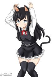 Rule 34 | 1girl, animal ears, arms up, asashio (kancolle), black hair, black thighhighs, blue eyes, cat ears, cat girl, cat tail, commentary request, cowboy shot, dated, dress, feet out of frame, kantai collection, kemonomimi mode, knees together feet apart, legs together, long hair, long sleeves, looking at viewer, looking up, masara (chuujou), neck ribbon, one-hour drawing challenge, pinafore dress, red ribbon, ribbon, salute, simple background, sleeveless, sleeveless dress, solo, standing, tail, thighhighs, twitter username, white background