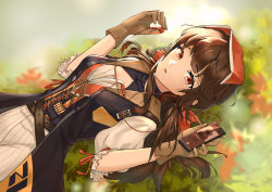 Rule 34 | 1girl, absurdres, autumn, autumn leaves, black hair, corset, digital media player, dress, dutch angle, earbuds, earphones, falcon (girls&#039; frontline), girls&#039; frontline, gloves, highres, leaf, long hair, lying, mixed-language commentary, on back, open mouth, red eyes, shirt, solo, user yrxy7444, very long hair, white shirt