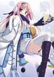 Rule 34 | 1girl, absurdres, bag, baozi, blush, boots, covered mouth, cross-laced footwear, earmuffs, food, highres, japanese clothes, kimono, knees together feet apart, lace-up boots, long hair, looking at viewer, obi, original, panties, pantyshot, pink hair, poco (asahi age), red eyes, sash, scan, scarf, sitting, snow, snowflakes, snowing, snowman, solo, steam, thighhighs, underwear, white panties, white thighhighs